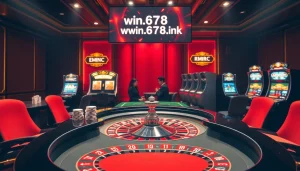 Engage with a thrilling scene at https://win678.ink/ showcasing a roulette table and colorful poker chips in a luxurious casino atmosphere.