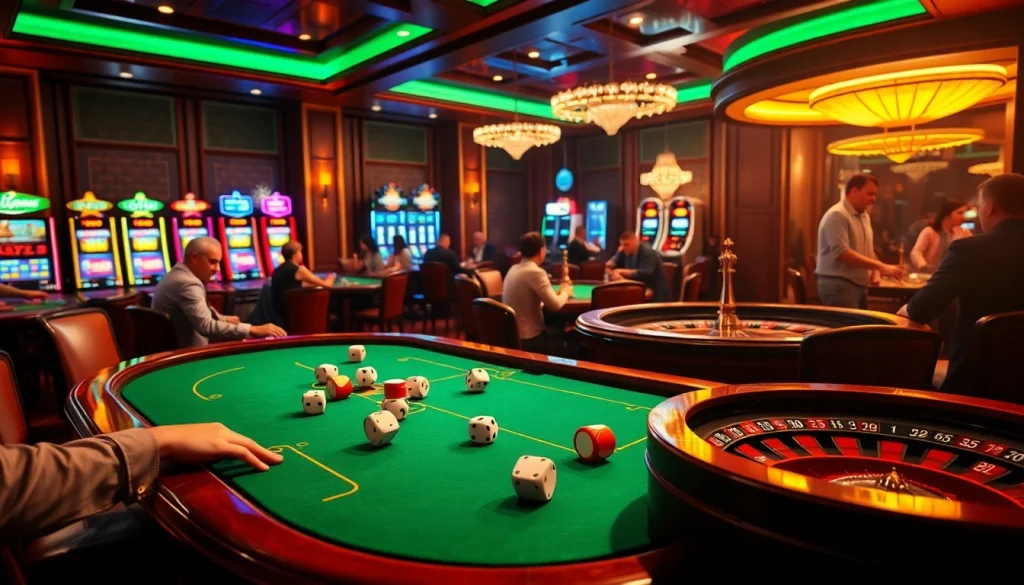 Engage with the excitement of nhà cái uy tín in a luxurious casino ambiance featuring poker tables and vibrant slot machines.