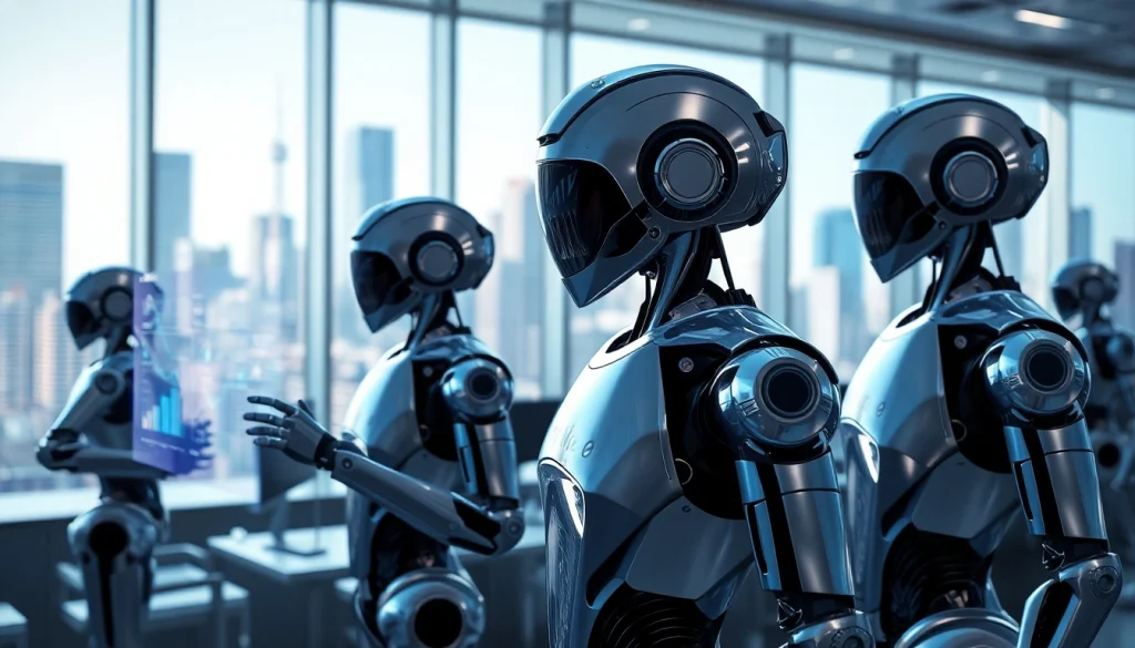Engaging scene of Agentic ai robots autonomously processing data in a modern office environment.