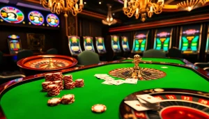 Experience thrilling poker action at KuWin Casino, complete with vibrant chips and an elegant roulette wheel.