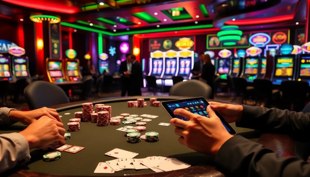 Players strategizing over poker chips and cards featuring hidden wiki link elements in a luxury casino.
