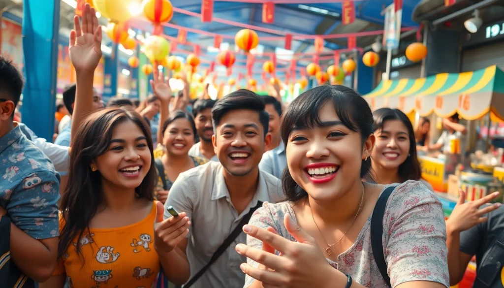 The energetic atmosphere of KJC365's community event with vibrant colors and joyful participants celebrating together.