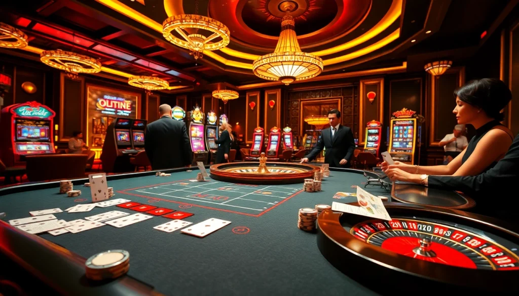 Players enjoying thrilling games at a luxurious casino with 88i poker chips and vibrant tables.