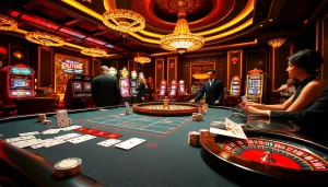 Players enjoying thrilling games at a luxurious casino with 88i poker chips and vibrant tables.