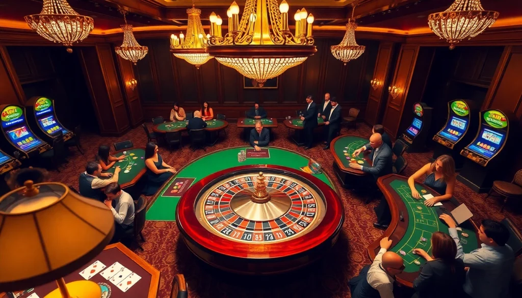 A vibrant casino scene at http://gk88t2.com/ showcasing roulette, poker, and excited players.