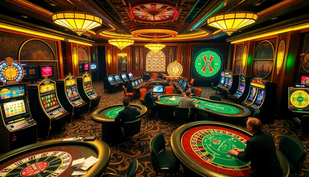 Nohu-themed casino scene highlighting poker players and vibrant slot machines.