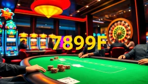 Players enjoying poker at 789F casino, with vibrant slot machines and a lively atmosphere.