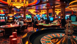 Players strategizing at UK88 casino tables in a vibrant, upscale gambling environment.