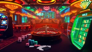 Engage in thrilling bets at MK8 with vibrant casino visuals showcasing poker chips and roulette excitement.