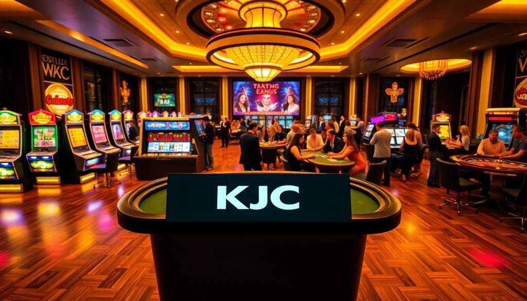KJC players strategizing on a high-stakes poker table in a luxurious casino environment.