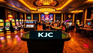 KJC players strategizing on a high-stakes poker table in a luxurious casino environment.