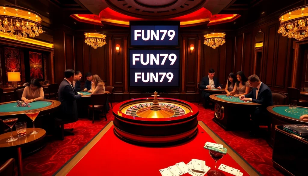 Exciting casino scene with players engaged in FUN79 themed games on a roulette table.