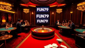 Exciting casino scene with players engaged in FUN79 themed games on a roulette table.