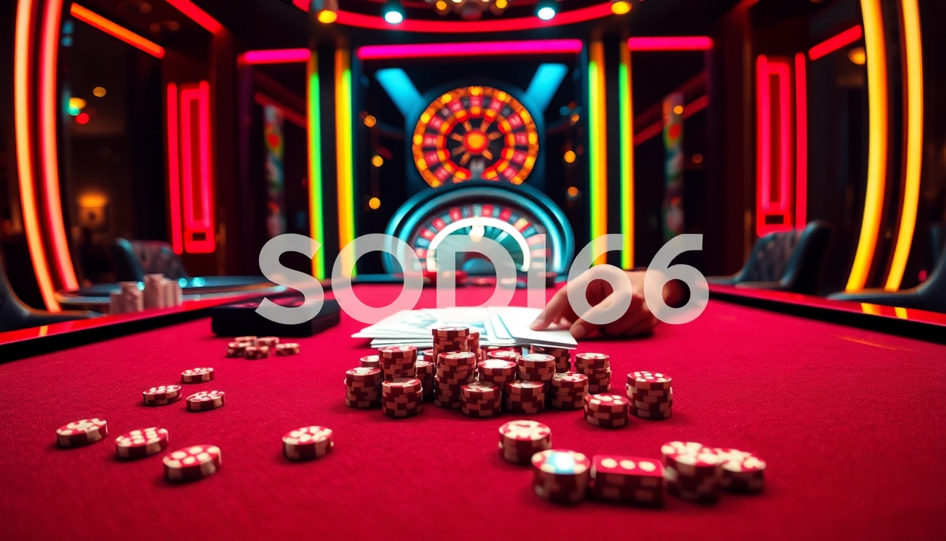 SODO66 casino scene showcasing an elegant table with poker chips and cards, under vibrant lighting.