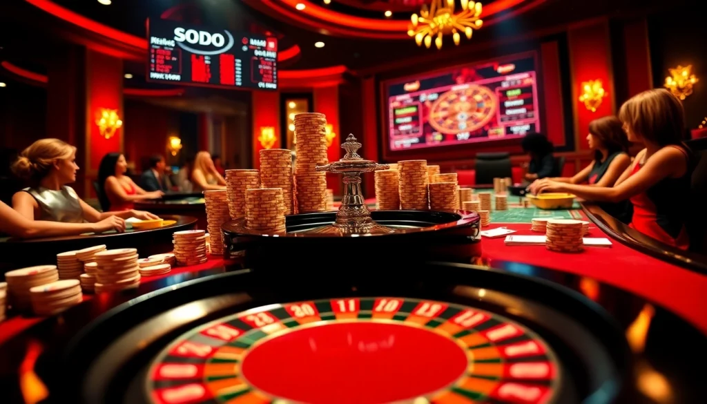 SODO casino players winning big at a vibrant roulette table, showcasing luxury and excitement.