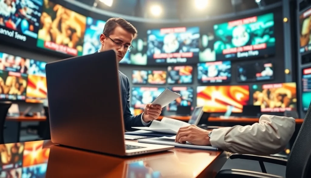 Journalist engrossedly reports on breaking news for Usa Today in a vibrant newsroom.