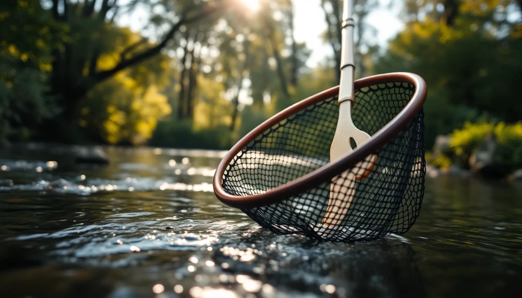 Catch and release using a Fly fishing net with a rubber mesh in a serene stream setting.