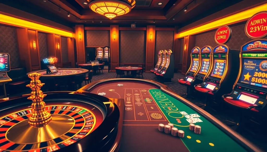 Players engaging in thrilling games at 23win online casino, showcasing vibrant gambling atmosphere.