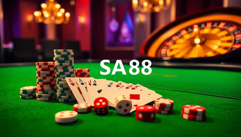 Experience exciting gameplay at SA88's vibrant casino tables with stunning poker chips and cards.