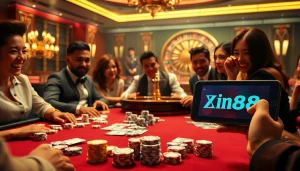 Experience high-stakes excitement with Xin88 com poker players at a luxurious casino table.