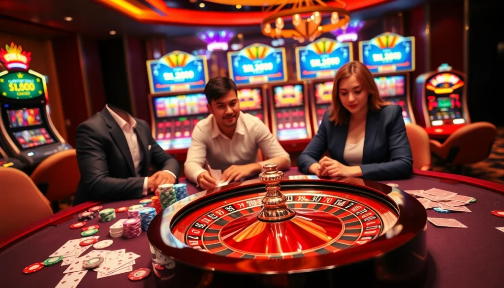 Players enjoying games at gg88 casino with roulette and poker excitement, capturing the thrill of gambling.