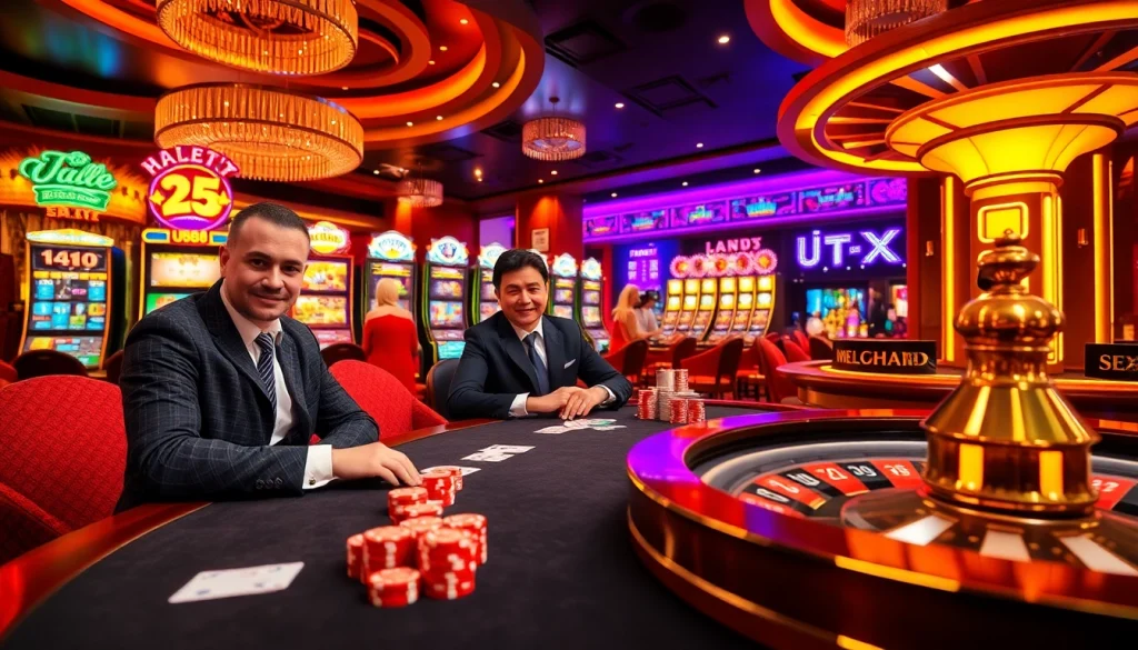 U888 gaming area with vibrant poker table and colorful slot machines, radiating excitement.