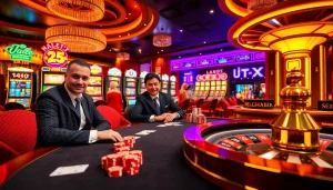 U888 gaming area with vibrant poker table and colorful slot machines, radiating excitement.