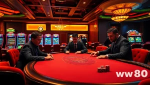 Players strategizing at the ww88 poker table amidst vibrant casino excitement.