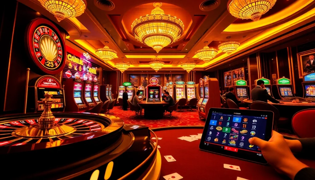 Experience the excitement of gambling at https://hb88hz.club/ with an elegant casino scene featuring roulette and poker tables.