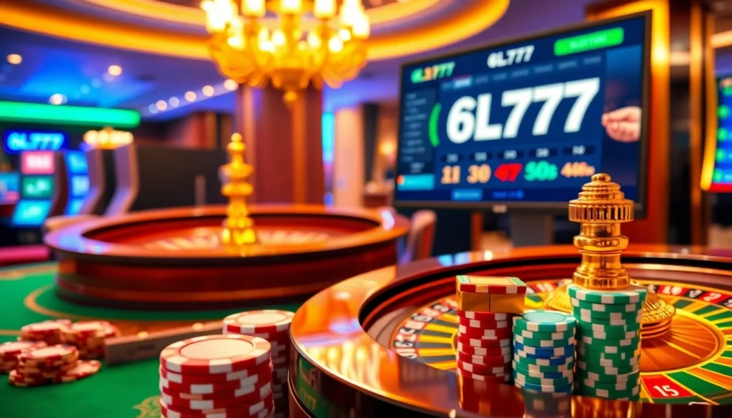 Exciting casino scene showcasing 6L777 gaming with roulette, poker chips, and slot machines.