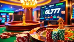 Exciting casino scene showcasing 6L777 gaming with roulette, poker chips, and slot machines.