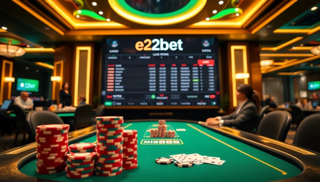 e2bet players engage at a vibrant casino poker table with colorful chips and illuminated screens.