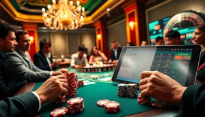 Players engaging in high-stakes poker at a luxurious casino table with an online gambling interface from https://s801.online/.