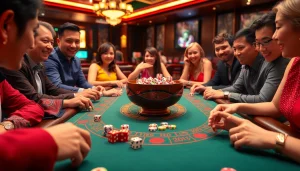 Players engaging in a thrilling xóc đĩa game at a luxurious casino, showcasing vibrant betting chips and an ornate setup.