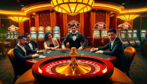 Experience the excitement of gambling at 789club with engaging players at a luxurious poker table.