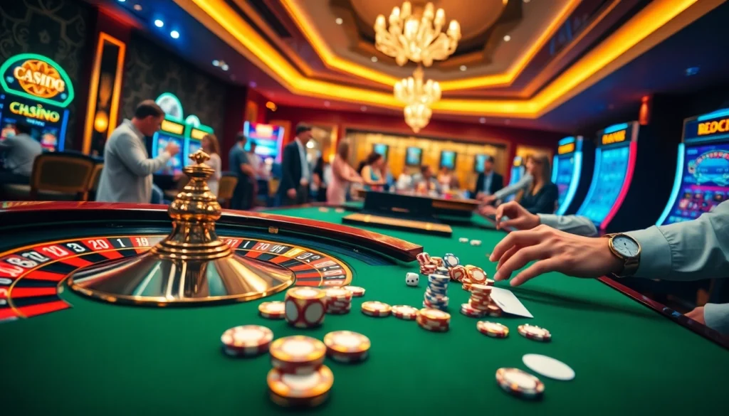 Experience the excitement of online gambling at https://rikvip1.online/ with our vibrant casino scene featuring roulette and lively players.