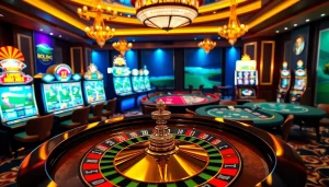 This scene at https://mb66.golf/ showcases a vibrant casino with golf-themed slot machines and a roulette wheel.