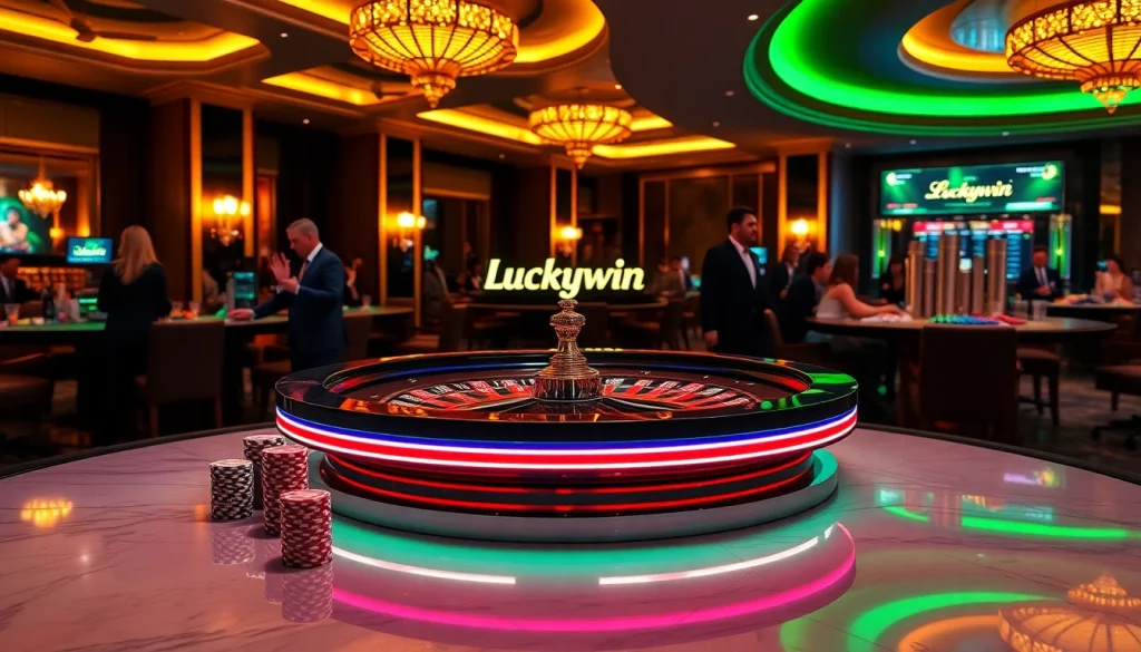 Experience the excitement of Luckywin at a luxurious casino table surrounded by vibrant gaming elements.