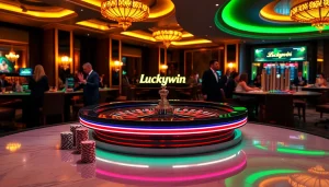 Experience the excitement of Luckywin at a luxurious casino table surrounded by vibrant gaming elements.