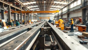 Individuals engaged in structural steel fabrication process with beams and tools.