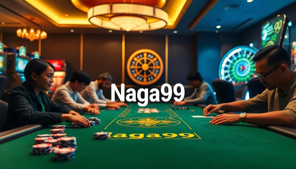 Naga99 players competing at a royal casino table with exciting poker games and vibrant chips.