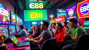 Engaging online gaming scene highlighting E88's diverse offerings with players enjoying slots and sports betting.