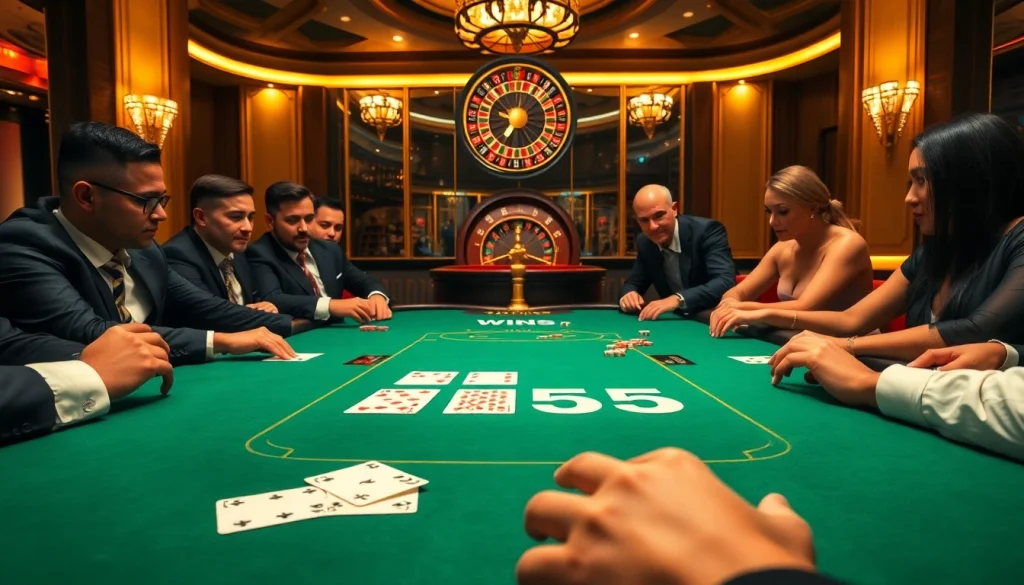 Intense poker action showcasing win55 strategy with vibrant chips and cards in a luxurious casino.