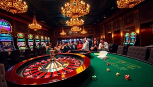 Experience the thrill of 99win at this luxurious casino atmosphere, featuring a roulette wheel and vibrant slot machines.