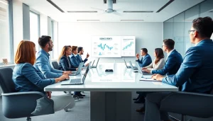 Collaborative scene highlighting business growth insights among diverse strategists in a modern office.