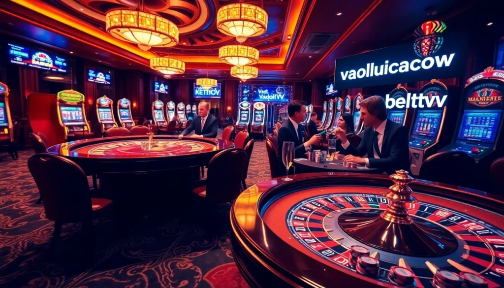 Players enjoying a thrilling casino moment at https://vaoluoitv.it.com, surrounded by elegant decor and excited energy.