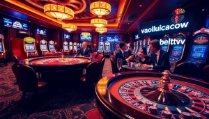 Players enjoying a thrilling casino moment at https://vaoluoitv.it.com, surrounded by elegant decor and excited energy.