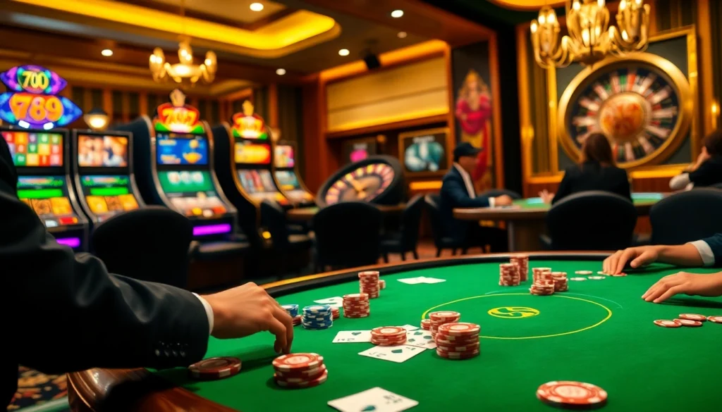 Exciting casino atmosphere featuring poker table, chips, and roulette wheel for 789 bet enthusiasts.
