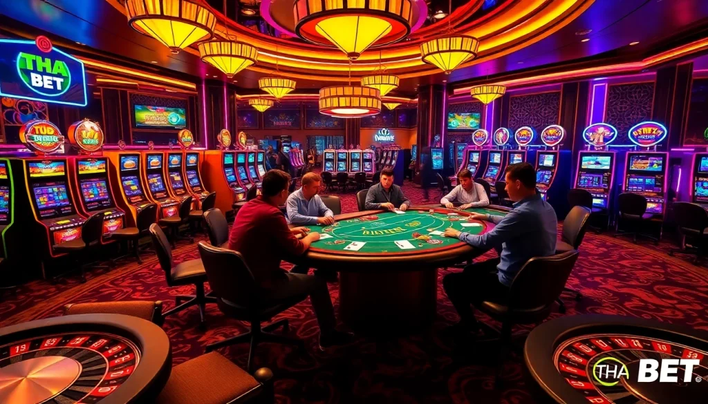 THA BET casino scene with players at a poker table, vibrant lights, and slot machines.