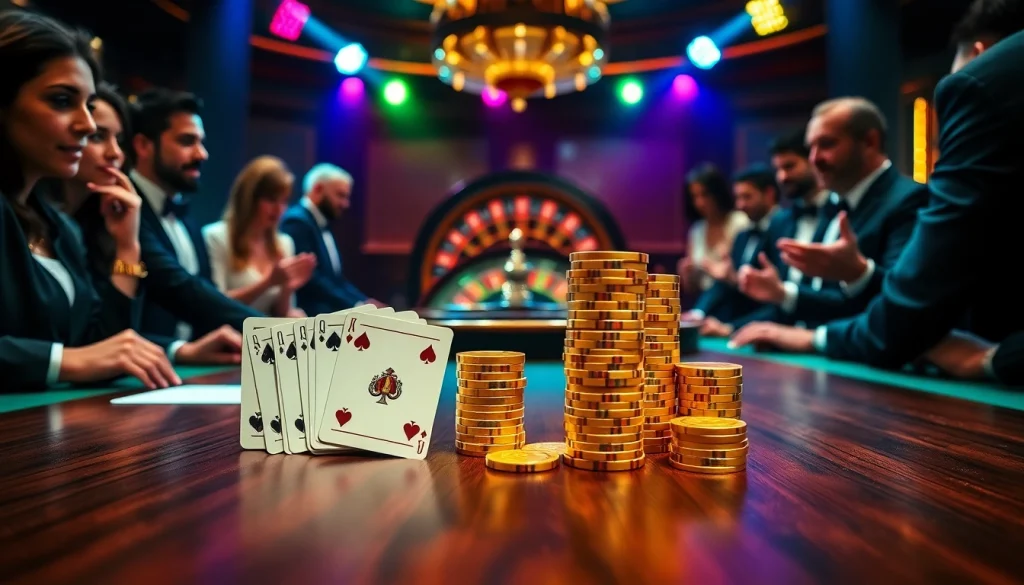 Engaging high-stakes gaming at https://www.vaoluoitv.com/ with vibrant poker chips and cards.